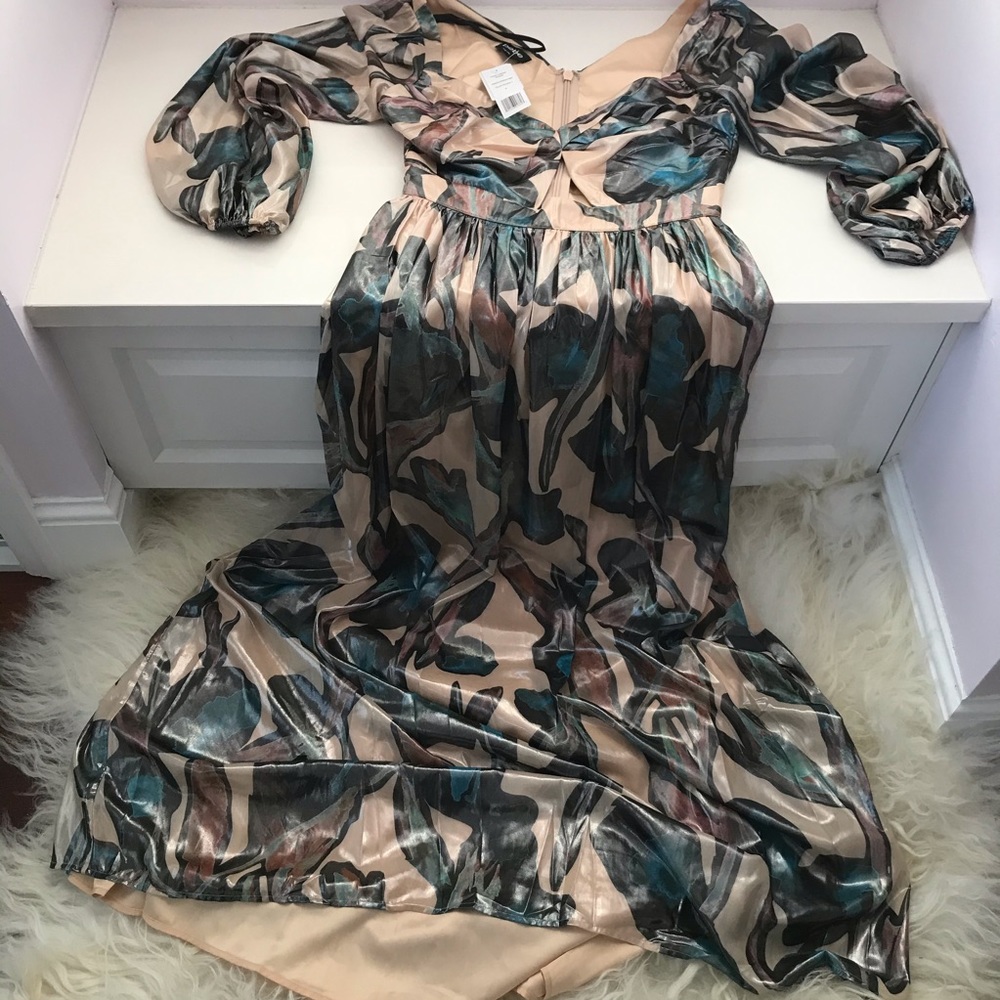 BEBE Twist Front Metallic Sleeveless Cut Out Gown - Picture 3 of 8